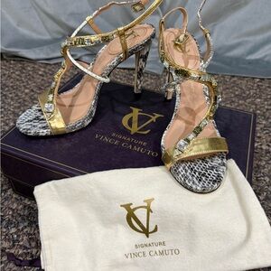 Vince Camuto Snakeskin and Gold Strappy Heels